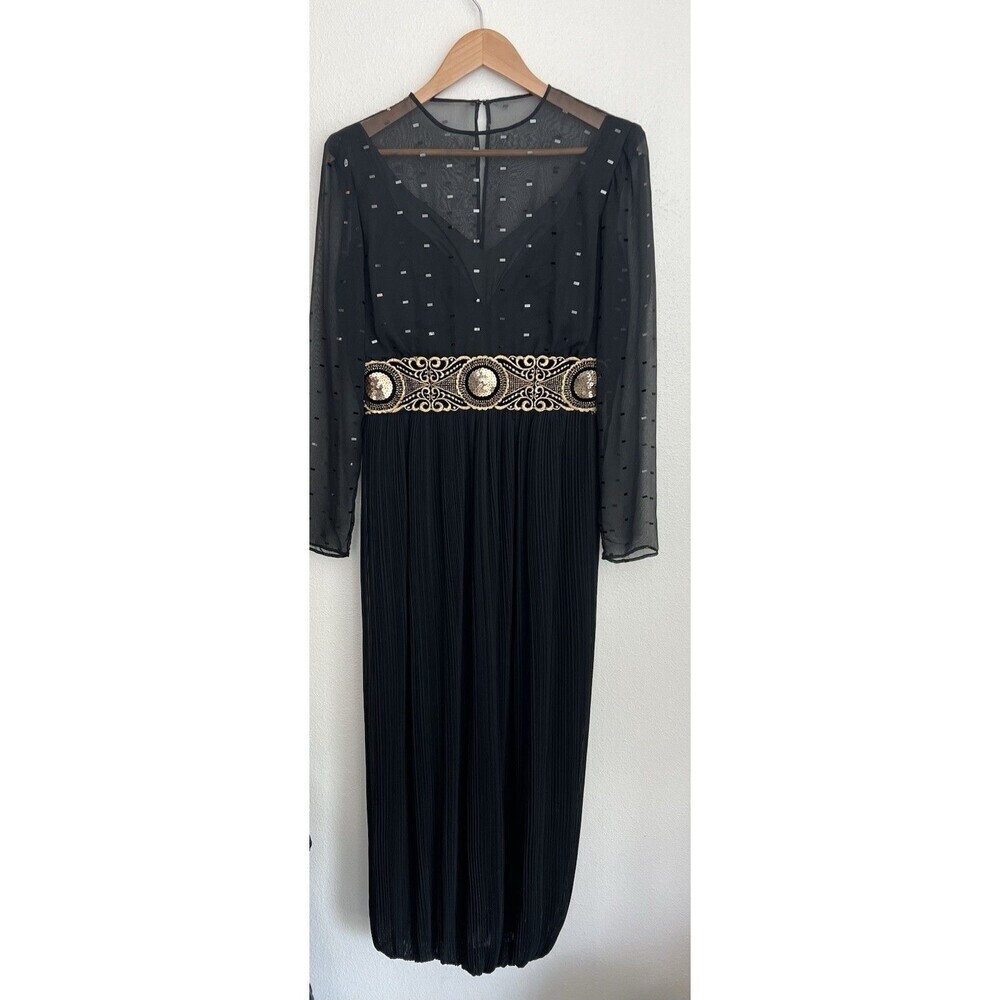 VTG Neiman Marcus Liancarlo Black Sheer Pleated Dress Gold Sequin Gown Long XS
